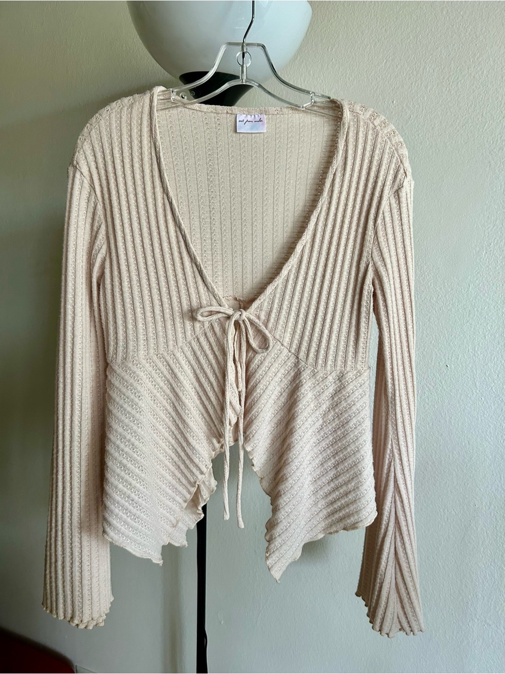 Urban Outfitters Cream Ribbed Tie-Front Cardigan Sweater